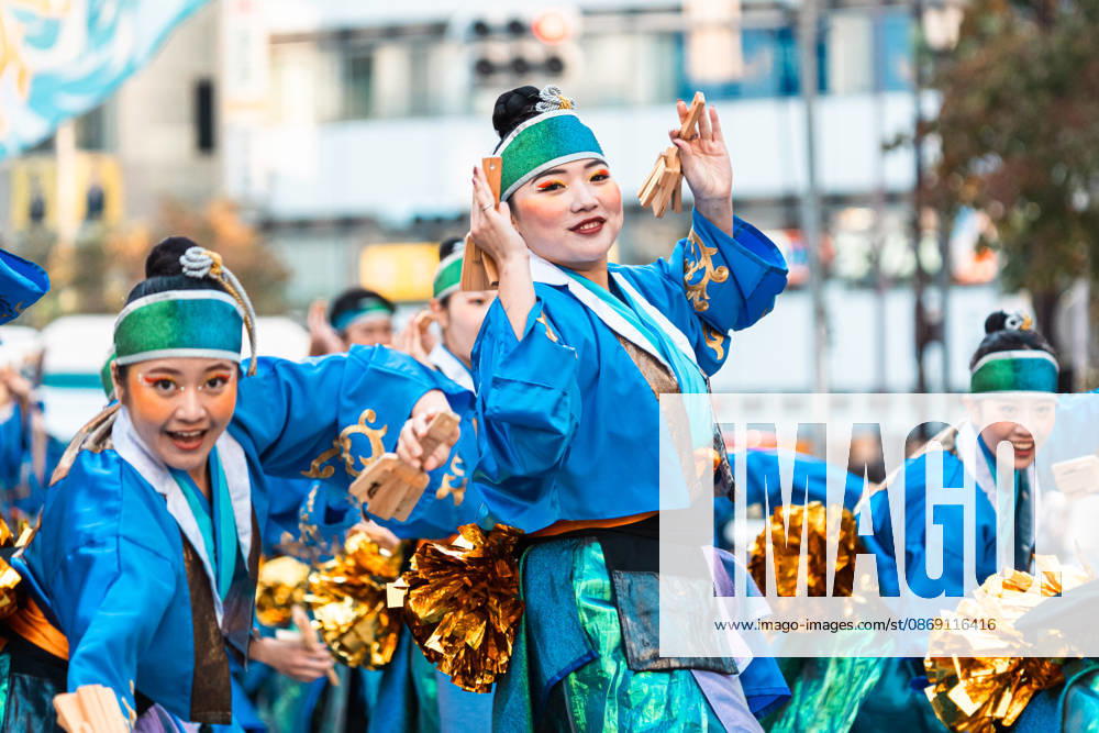 General view, October 10, 2026 - Dancers perform during the eve-of-festival events of the 27th Tokyo Yosakoi Festival in Ikebukuro, Tokyo, Japan, on October 10, 2026. Part of the Fukuro Matsuri celebrations, the event brings together yosakoi dance teams in colorful costumes for energetic performances combining traditional Japanese dance influences with contemporary music and choreography. aflo_354761331