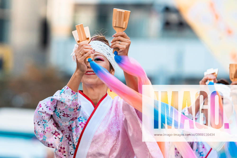 General view, October 10, 2026 - Dancers perform during the eve-of-festival events of the 27th Tokyo Yosakoi Festival in Ikebukuro, Tokyo, Japan, on October 10, 2026. Part of the Fukuro Matsuri celebrations, the event brings together yosakoi dance teams in colorful costumes for energetic performances combining traditional Japanese dance influences with contemporary music and choreography. aflo_354761343