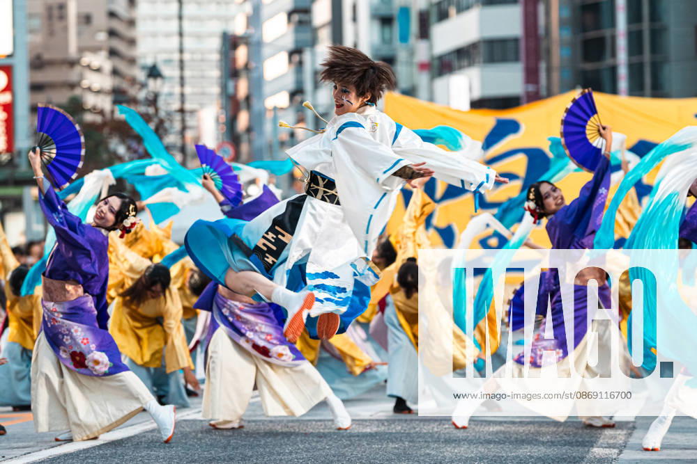 General view, October 10, 2026 - Dancers perform during the eve-of-festival events of the 27th Tokyo Yosakoi Festival in Ikebukuro, Tokyo, Japan, on October 10, 2026. Part of the Fukuro Matsuri celebrations, the event brings together yosakoi dance teams in colorful costumes for energetic performances combining traditional Japanese dance influences with contemporary music and choreography. aflo_354761628
