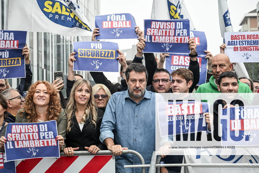 Deputy Prime Minister Matteo Salvini and Lega deputy secretary Silvia Sardone at the Lega rally Milan safer, stop social centers. Near the Lambretta Social Center, Via Rizzoli, 10 10 2026 Milan Milan Italy - ZUMAa289 20261010_zia_a289_028