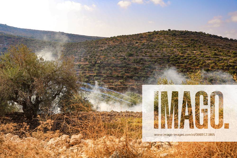 DEIR ABU MASHâ€⠢AL, PALESTINE †OCTOBER 10, 2026: Palestinian farmers came under attack by Israeli settlers and Israeli forces as they headed to harvest olives on their land in Deir Abu Mashâ€⠢al, northwest of Ramallah. The event marked the villageâ€⠢s first olive harvest gathering of the new season. The Palestine Red Crescent Society reported that its teams treated nine people injured during the incident. The injuries included one caused by live ammunition to the thigh, two caused by rubber-coated metal bullets, and six resulting from physical assault. One of those struck by a rubber-coated metal bullet was photojournalist Issam Al-Rimawi. The incident occurred during the annual olive harve - ZUMAq101 20261010_zna_q101_079