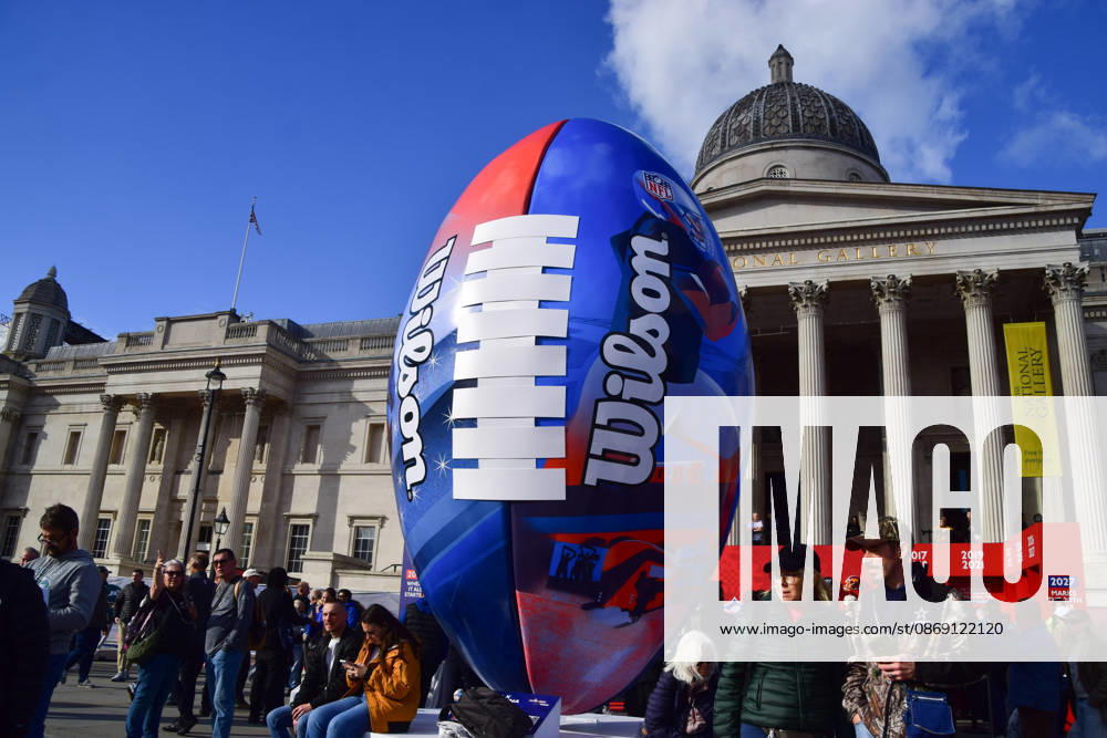 A giant football installation at the NFL Experience in Trafalgar Square, a two-day fan event celebrating the 2026 NFL London Games. London United Kingdom - ZUMAv130 20261010_zip_v130_055