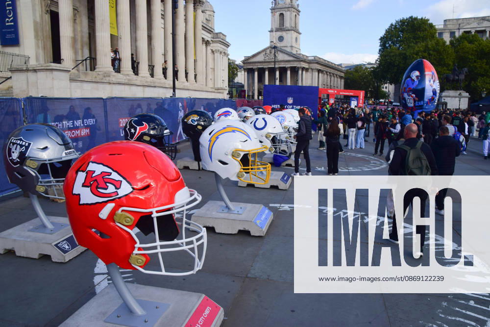 Large football helmets at the NFL Experience in Trafalgar Square, a two-day fan event celebrating the 2026 NFL London Games. London United Kingdom - ZUMAv130 20261010_zip_v130_056