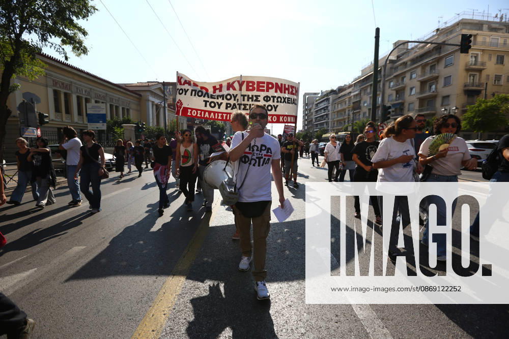 Demonstrators march through the streets carrying anti-war banners during a pro-Palestinian protest. Athens GREECE - ZUMAx103 20261010_zip_x103_014