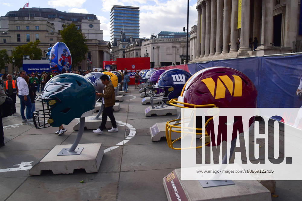 Large football helmets at the NFL Experience in Trafalgar Square, a two-day fan event celebrating the 2026 NFL London Games. London United Kingdom - ZUMAv130 20261010_zip_v130_058