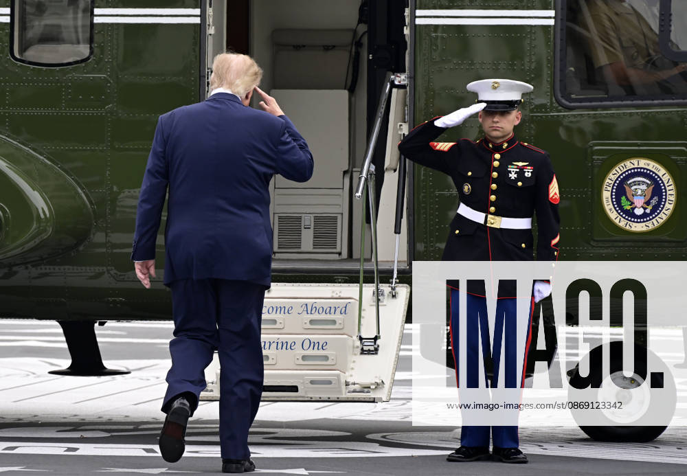 United States President Donald J Trump salutes the Marine Guard as he departs the South Lawn of the White House in Washington, DC, USA, en route Clarksville, Tennessee on Saturday, October 10, 2026. The President will participate in a campaign rally for Tennessee Republican candidates on the ballot in November.