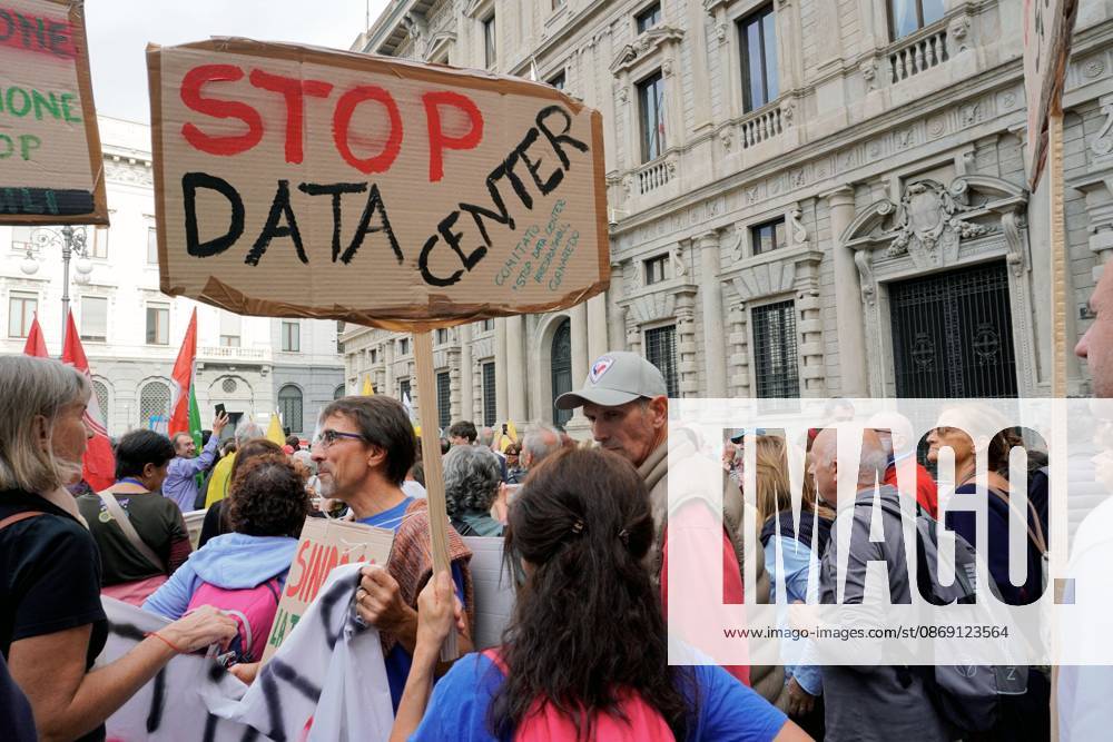 MILAN, ITALY †OCTOBER 10, 2026: Protesters gather for a sit-in in Piazza della Scala in central Milan to oppose the development of new data centers across Lombardy and Italy. The demonstration is organized by the Rete dei Comitati No Data Center (No Data Center Committee Network), which is calling for a moratorium on permits for new facilities. The group also urges public authorities to conduct thorough environmental, urban planning and regional assessments before approving projects. For approved facilities that have not yet begun operating, campaigners are calling for reviews to be reopened if potential microclimate effects and cumulative impacts with existing facilities were not adequately assessed. - ZUMAq101 20261010_zna_q101_176
