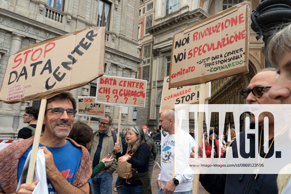 MILAN, ITALY †OCTOBER 10, 2026: Protesters gather for a sit-in in Piazza della Scala in central Milan to oppose the development of new data centers across Lombardy and Italy. The demonstration is organized by the Rete dei Comitati No Data Center (No Data Center Committee Network), which is calling for a moratorium on permits for new facilities. The group also urges public authorities to conduct thorough environmental, urban planning and regional assessments before approving projects. For approved facilities that have not yet begun operating, campaigners are calling for reviews to be reopened if potential microclimate effects and cumulative impacts with existing facilities were not adequately assessed. - ZUMAq101 20261007_zna_q101_447