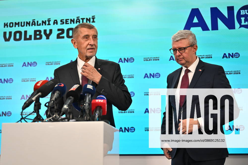 Senior government ANO movement, chairman Andrej Babis (left) and first deputy chairman Karel Havlicek, gives press conference on results of the municipal and Senate elections in the afternoon at Centre for Movement Medicine, Prague 4 - Chodov, on October 10,2026. (CTKxPhoto MichaelaxRihova) CTKPhotoP2026101007806 CTKPhotoP2026101007806
