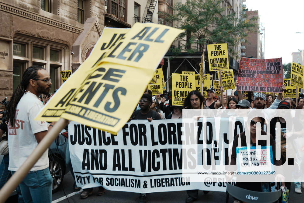 Protesters march through lower Manhattan during an anti-ICE protest on October 10, 2026 in New York City. Protesters take to the streets following an incident where ICE agents shot a 28-year-old-man, Oscar Belgal while he in a vehicle with his 5-year old child in the Marble Hill neighborhood in the Bronx. New York USA - ZUMAb148 20261010_zap_b148_042