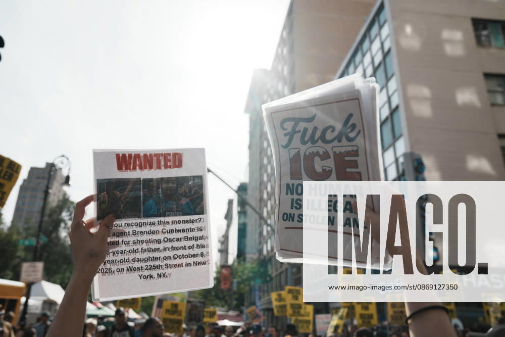 A protester holds a Wanted Sign with ICE Agent Brendan Cuni , accused of shooting Oscar Belgal, on a sign at an anti-ICE protest near Union Square on October 10, 2026 in New York City. Protesters take to the streets following an incident where ICE agents shot a 28-year-old-man, Oscar Belgal while he in a vehicle with his 5-year old child in the Marble Hill neighborhood in the Bronx. New York USA - ZUMAb148 20261010_zap_b148_043