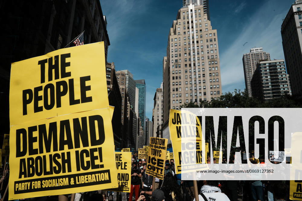 Protesters at an anti-ICE protest in Herald Square on October 10, 2026 in New York City. Protesters take to the streets following an incident where ICE agents shot a 28-year-old-man, Oscar Belgal while he in a vehicle with his 5-year old child in the Marble Hill neighborhood in the Bronx. New York USA - ZUMAb148 20261010_zap_b148_045