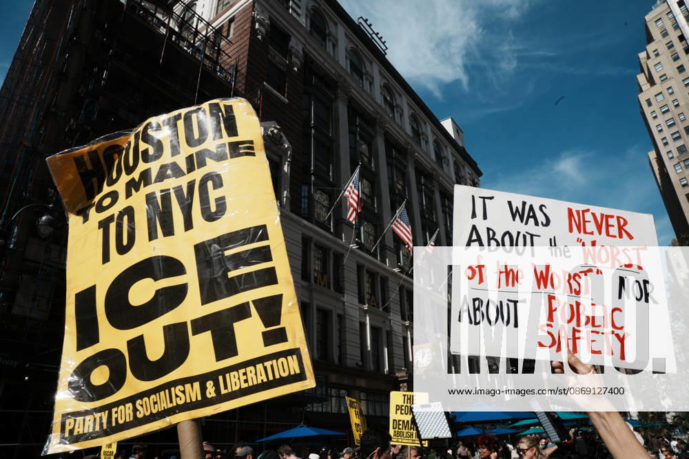 Protesters at an anti-ICE protest in Herald Square on October 10, 2026 in New York City. Protesters take to the streets following an incident where ICE agents shot a 28-year-old-man, Oscar Belgal while he in a vehicle with his 5-year old child in the Marble Hill neighborhood in the Bronx. New York USA - ZUMAb148 20261010_zap_b148_053