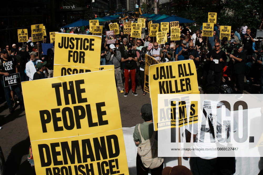 Protesters at an anti-ICE protest in Herald Square on October 10, 2026 in New York City. Protesters take to the streets following an incident where ICE agents shot a 28-year-old-man, Oscar Belgal while he in a vehicle with his 5-year old child in the Marble Hill neighborhood in the Bronx. New York USA - ZUMAb148 20261010_zap_b148_064