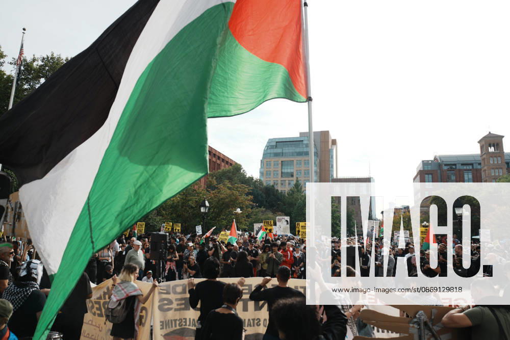 A protester holds a Palestinian flag as hundreds of people attend a Pro-Palestine rally in Washington Square Park on October 10, 2026 in New York. New York USA - ZUMAb148 20261010_zap_b148_086
