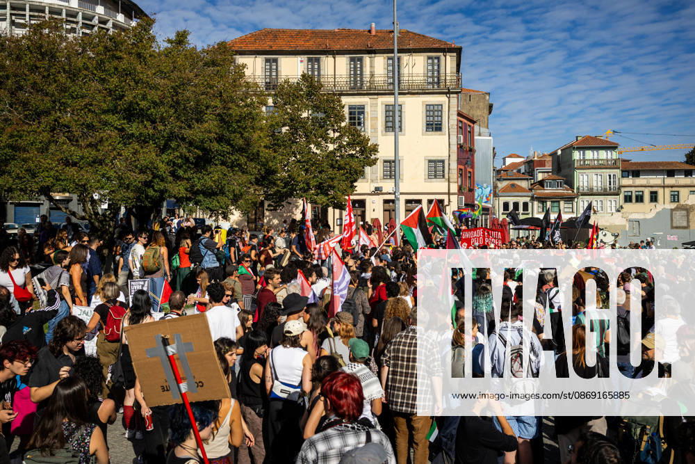 Participants carrying Palestinian flags and placards gather at Praca dos Poveiros at the beginning of a Palestine solidarity march. Hundreds of demonstrators gathered in Porto for a Palestine solidarity march calling for an end to the war in Gaza and support for Palestinian rights. The march began at Praca dos Poveiros and concluded at Praca D. Joao I. Porto Portugal - ZUMAs197 20261010_aaa_s197_437