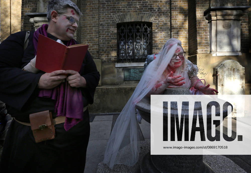 World Zombie Day In London, UK - 10 Oct 2026 A zombie vicar and bride sat a church yard in Wardour Street during the celebration. Supporters of World Zombie Day dressed in their best zombie attire and took to the streets and open spaces of London’s Soho district. The event started in the United States in 2006 and raises money through donations for charities like The Dead Good Club that helps people keep abreast of fast changing technologies like AI and digital media. London United Kingdom