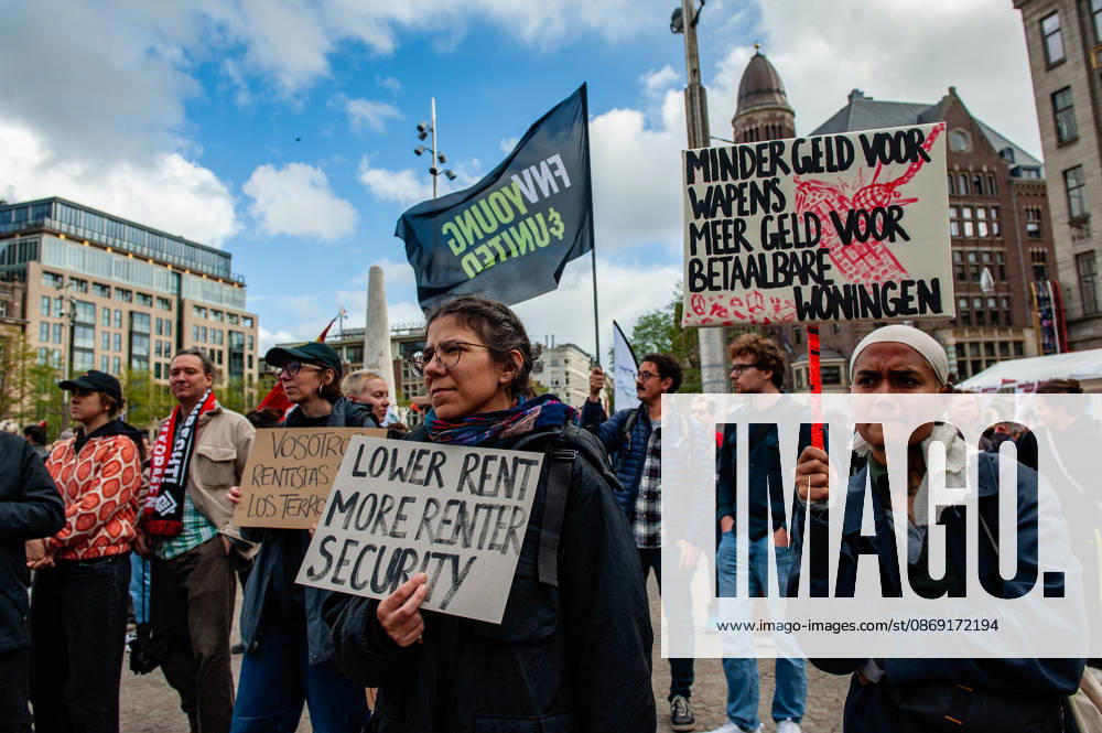 Protesters are holding placards asking for more money for housing during the demonstration. People gathered against the worsening housing crisis. Under the motto Houses for people, not for profit, they demand fundamental changes in Dutch public housing. Amsterdam Netherlands - ZUMAs197 20261010_aaa_s197_558