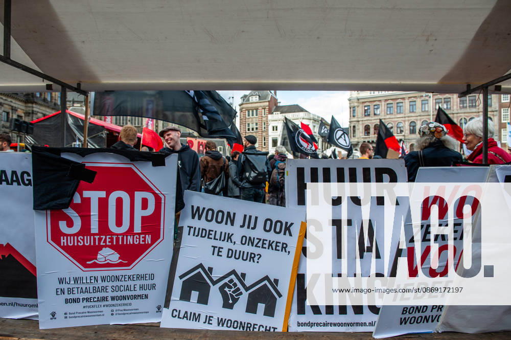 General view of placards about the housing crisis in the country during the demonstration. People gathered against the worsening housing crisis. Under the motto Houses for people, not for profit, they demand fundamental changes in Dutch public housing. Amsterdam Netherlands - ZUMAs197 20261010_aaa_s197_559