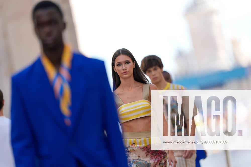 Lisbon Fashion Week in Lisboa, Portugal - 10 Oct 2026 A model walks the runway during Carlos Gil fashion show at ModaLisboa Priority, Lisbon Fashion Week in Lisboa. Lisbon Portugal