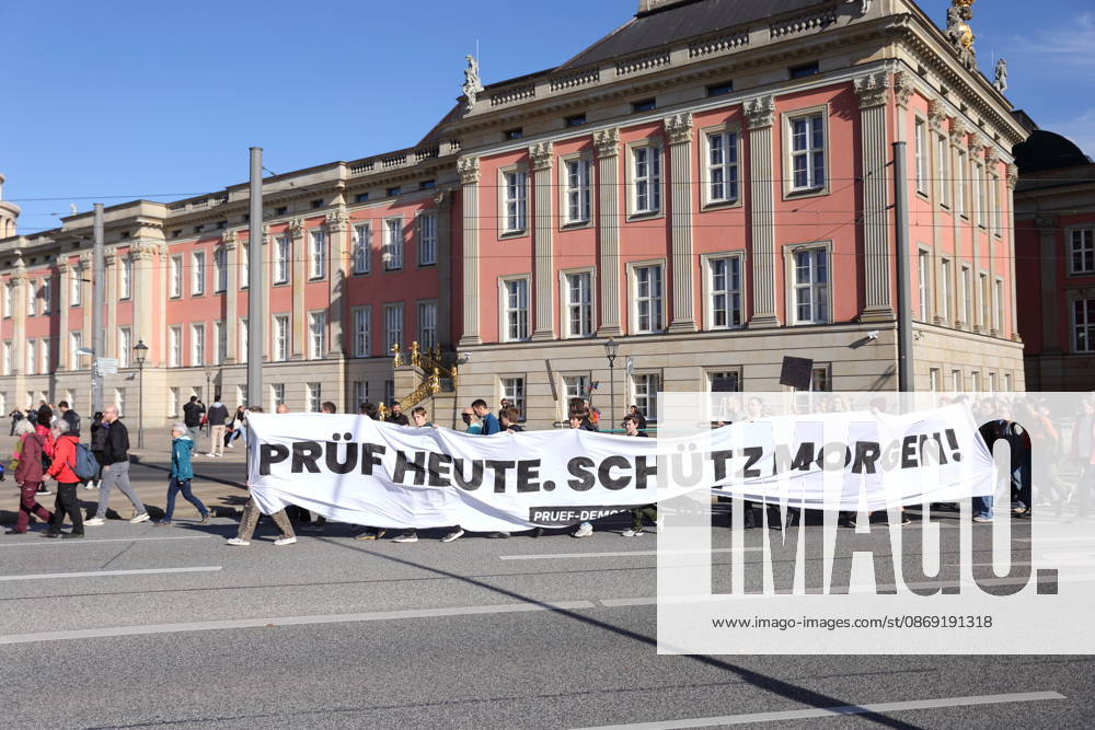 Demonstranten laufen mit Banner Prüf heute. Schütz morgen! am Landtag während einer Demonstration für die Überprüfung rechtsextremer Parteien durch das Bundesverfassungsgericht, Potsdam, 10. Oktober 2026. Prüf-Demo in Potsdam