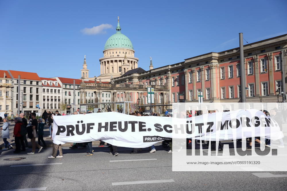 Demonstranten laufen mit Banner Prüf heute. Schütz morgen! am Landtag während einer Demonstration für die Überprüfung rechtsextremer Parteien durch das Bundesverfassungsgericht, Potsdam, 10. Oktober 2026. Prüf-Demo in Potsdam