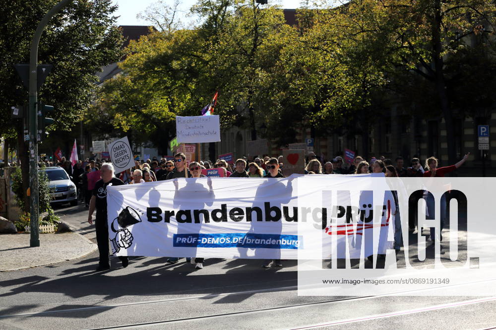 Demonstranten laufen mit Banner Brandenburg Prüf! in der Dortustraße während einer Demonstration für die Überprüfung rechtsextremer Parteien durch das Bundesverfassungsgericht, Potsdam, 10. Oktober 2026. Prüf-Demo in Potsdam