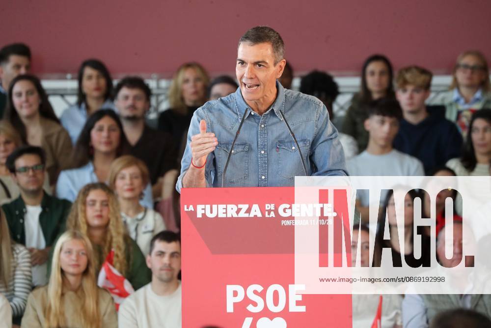 Pedro Sánchez Speaks at a Pre-Campaign Event in Ponferrada, León The Secretary-General of the PSOE and Prime Minister, Pedro Sánchez, during a PSOE pre-campaign event at La Térmica Cultural in Ponferrada on October 11, 2026, in Ponferrada, León, Castile and León, Spain. The Prime Minister and Secretary-General of the PSOE, Pedro Sánchez, kicked off the pre-campaign for the general election on November 29 this weekend with two events: on Saturday in Dos Hermanas, Seville, and today in Ponferrada, León, at the Térmica Cultural of the Energy Foundation, October 11, 2026, Ponferrada, León, Castile and León, Spain