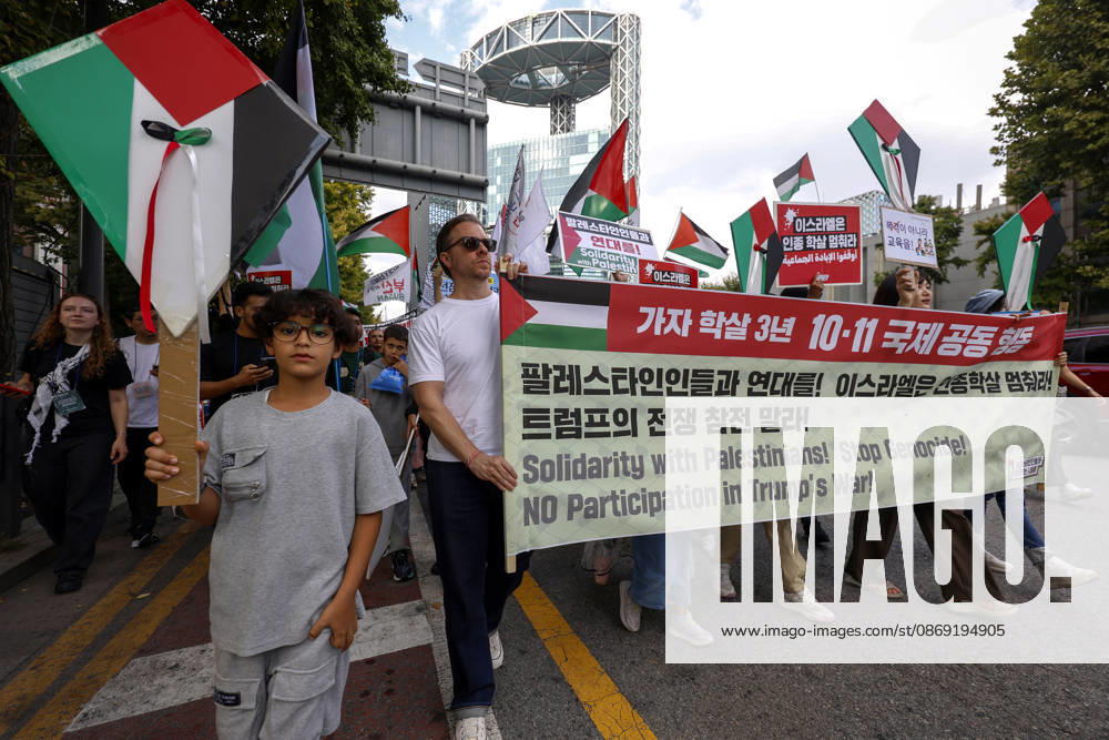 Protest condemning Gaza conflict in Seoul Demonstrators march with placards to protest Israel s attacks in the Gaza Strip, in Seoul, South Korea, on October 11, 2026 . The rally was held aa part of the Global Action for Palestine, a coordinated international mobilization held on October 10 11 marking three years since the 2023 Hamas attacks and the ensuing war. Seoul South Korea
