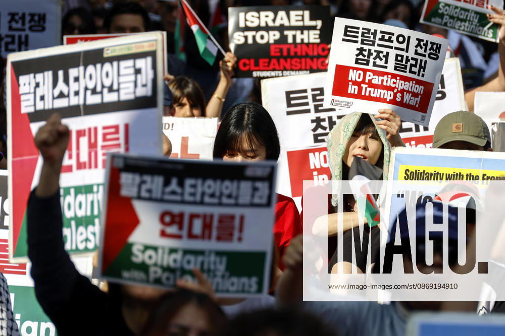 Protest condemning Gaza conflict in Seoul Demonstrators march with placards to protest Israel s attacks in the Gaza Strip, in Seoul, South Korea, on October 11, 2026 . The rally was held aa part of the Global Action for Palestine, a coordinated international mobilization held on October 10 11 marking three years since the 2023 Hamas attacks and the ensuing war. Seoul South Korea