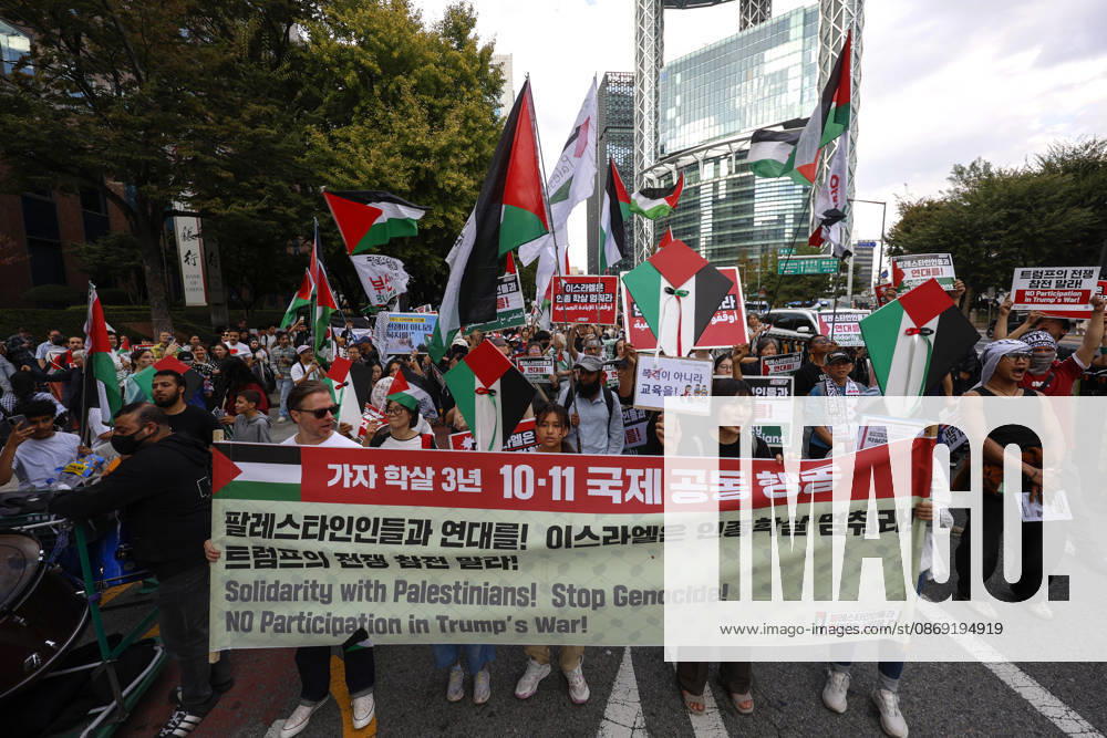 Protest condemning Gaza conflict in Seoul Demonstrators march with placards to protest Israel s attacks in the Gaza Strip, in Seoul, South Korea, on October 11, 2026 . The rally was held aa part of the Global Action for Palestine, a coordinated international mobilization held on October 10 11 marking three years since the 2023 Hamas attacks and the ensuing war. Seoul South Korea