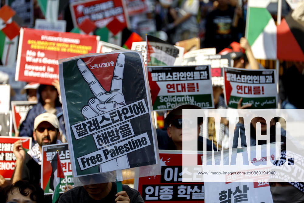 Protest condemning Gaza conflict in Seoul Demonstrators march with placards to protest Israel s attacks in the Gaza Strip, in Seoul, South Korea, on October 11, 2026 . The rally was held aa part of the Global Action for Palestine, a coordinated international mobilization held on October 10 11 marking three years since the 2023 Hamas attacks and the ensuing war. Seoul South Korea