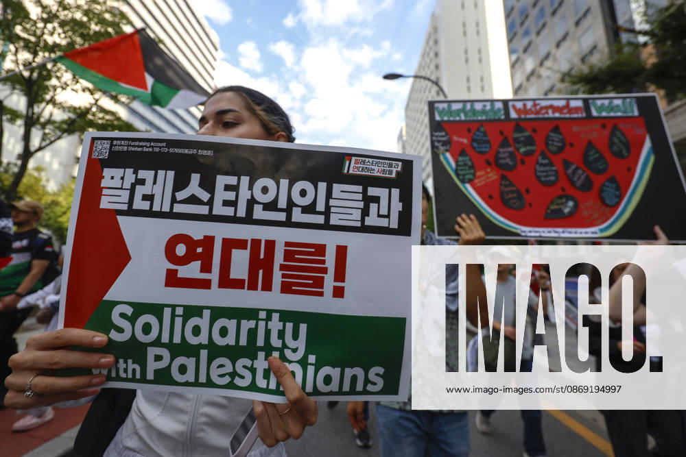 Protest condemning Gaza conflict in Seoul Demonstrators march with placards to protest Israel s attacks in the Gaza Strip, in Seoul, South Korea, on October 11, 2026 . The rally was held aa part of the Global Action for Palestine, a coordinated international mobilization held on October 10 11 marking three years since the 2023 Hamas attacks and the ensuing war. Seoul South Korea