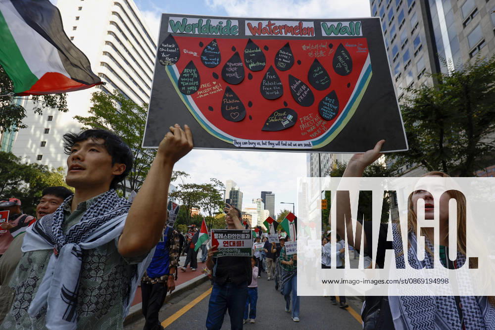 Protest condemning Gaza conflict in Seoul Demonstrators march with placards to protest Israel s attacks in the Gaza Strip, in Seoul, South Korea, on October 11, 2026 . The rally was held aa part of the Global Action for Palestine, a coordinated international mobilization held on October 10 11 marking three years since the 2023 Hamas attacks and the ensuing war. Seoul South Korea