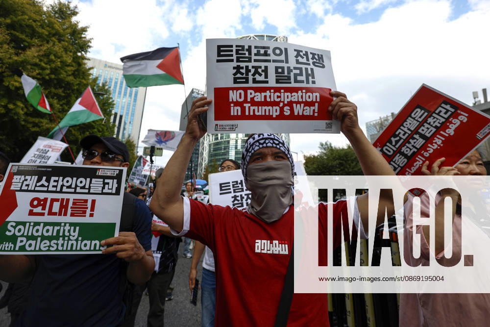 Protest condemning Gaza conflict in Seoul Demonstrators march with placards to protest Israel s attacks in the Gaza Strip, in Seoul, South Korea, on October 11, 2026 . The rally was held aa part of the Global Action for Palestine, a coordinated international mobilization held on October 10 11 marking three years since the 2023 Hamas attacks and the ensuing war. Seoul South Korea