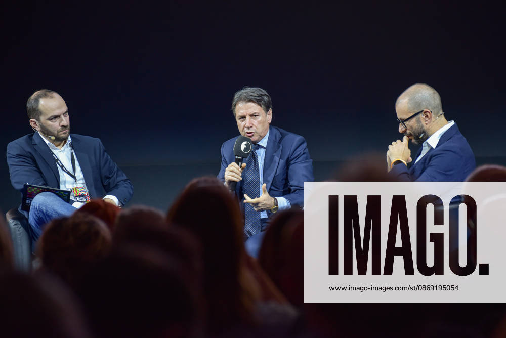 Fanpage.it Co-Director Adriano Biondi (L), Movimento 5 Stelle President Giuseppe Conte (C), and Fanpage.it Director Francesco Cancellato (R) during an interview at the panel Faccia a Faccia con i politici during the Rumore Festival 2026 at Acquario Romano in Rome on October 11, 2026. Rome Italy - ZUMAn299 20261011_zip_n299_016