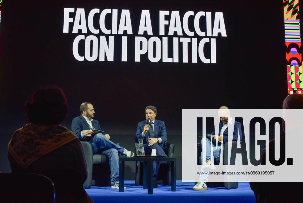 Fanpage.it Co-Director Adriano Biondi (L), Movimento 5 Stelle President Giuseppe Conte (C), and Fanpage.it Director Francesco Cancellato (R) during an interview at the panel Faccia a Faccia con i politici during the Rumore Festival 2026 at Acquario Romano in Rome on October 11, 2026. Rome Italy - ZUMAn299 20261011_zip_n299_018