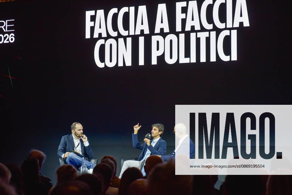 Fanpage.it Co-Director Adriano Biondi (L), Fratelli d Italia politician and MP Giovanni Donzelli (C), and Fanpage.it Director Francesco Cancellato (R) during an interview at the panel Faccia a Faccia con i politici during the Rumore Festival 2026 at Acquario Romano in Rome on October 11, 2026. Rome Italy - ZUMAn299 20261011_zip_n299_013