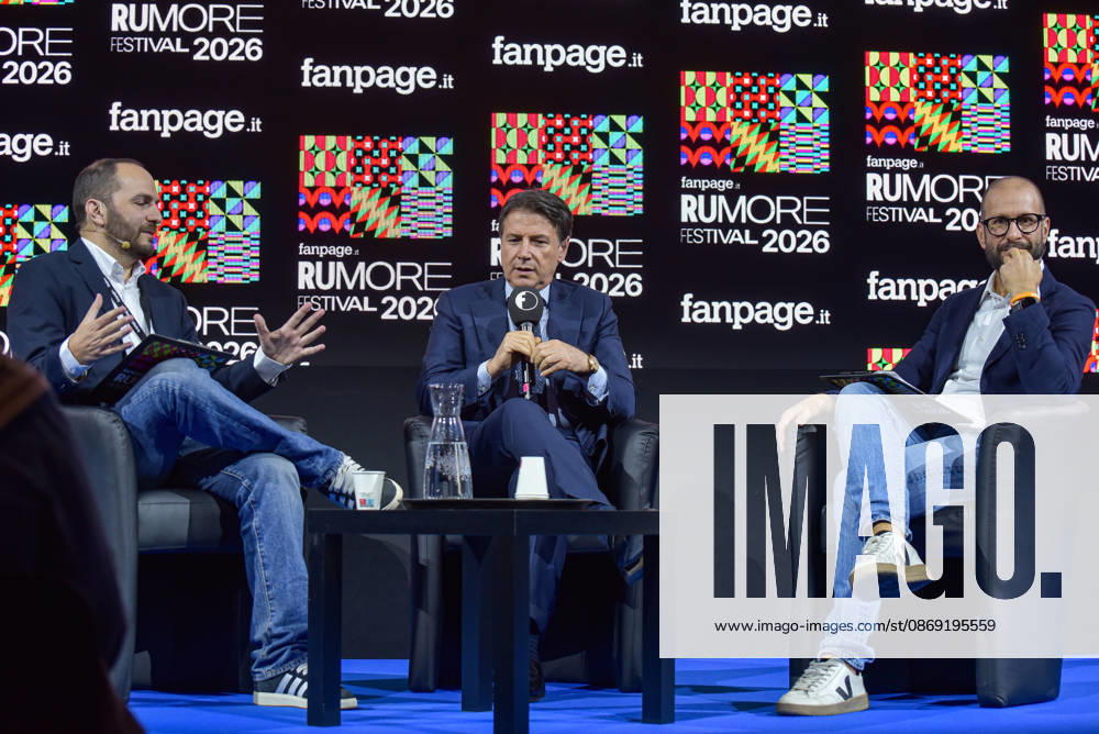 Fanpage.it Co-Director Adriano Biondi (L), Movimento 5 Stelle President Giuseppe Conte (C), and Fanpage.it Director Francesco Cancellato (R) during an interview at the panel Faccia a Faccia con i politici during the Rumore Festival 2026 at Acquario Romano in Rome on October 11, 2026. Rome Italy - ZUMAn299 20261011_zip_n299_019