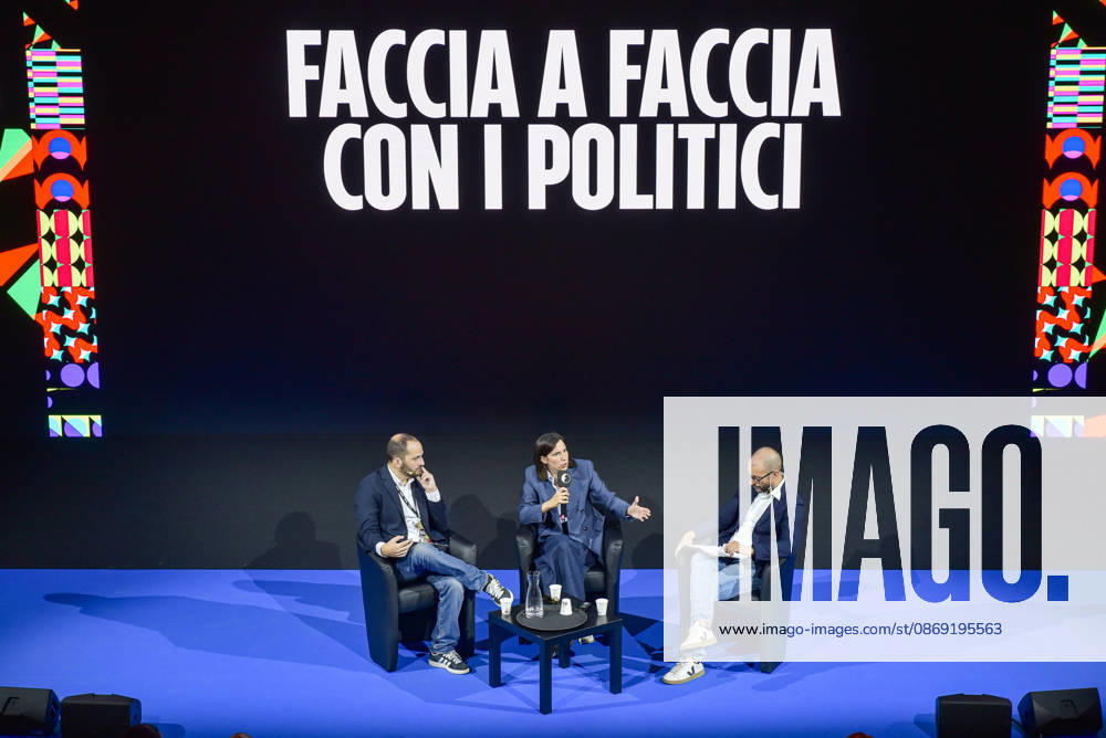 Fanpage.it Co-Director Adriano Biondi (L), Partito Democratico Secretary Elly Schlein (C), and Fanpage.it Director Francesco Cancellato (R) during an interview at the panel Faccia a Faccia con i politici during the Rumore Festival 2026 at Acquario Romano in Rome on October 11, 2026. Rome Italy - ZUMAn299 20261011_zip_n299_022