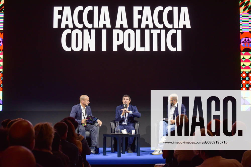 Fanpage.it reporter Marco Billeci (L), Sinistra Italiana Secretary Nicola Fratoianni (C), and Fanpage.it Director Francesco Cancellato (R) during an interview at the panel Faccia a Faccia con i politici during the Rumore Festival 2026 at Acquario Romano in Rome on October 11, 2026. Rome Italy - ZUMAn299 20261011_zip_n299_038