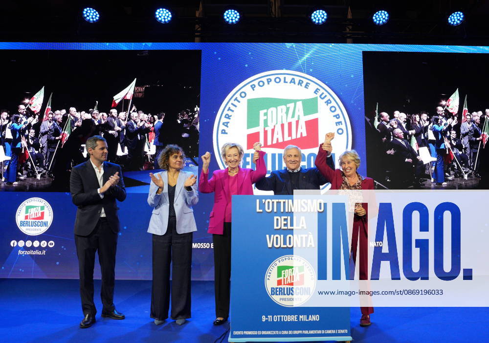 IPA89549778 - Milan, October 11, 2026, Forza Italia Event: L’ottimismo della Volontà at the East End Studios on Via Mecenate, featuring Matteo Perego, Dolors Monserrrat, Lettizia Moratti, Antonio Tajani, and Stefania Crazi