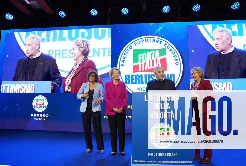 IPA89549770 - Milan, October 11, 2026, Forza Italia Event: L ottimismo della Volontà at the East End Studios on Via Mecenate, featuring Dolors Monserrrat, Lettizia Moratti, Antonio Tajani, and Stefania Crazi