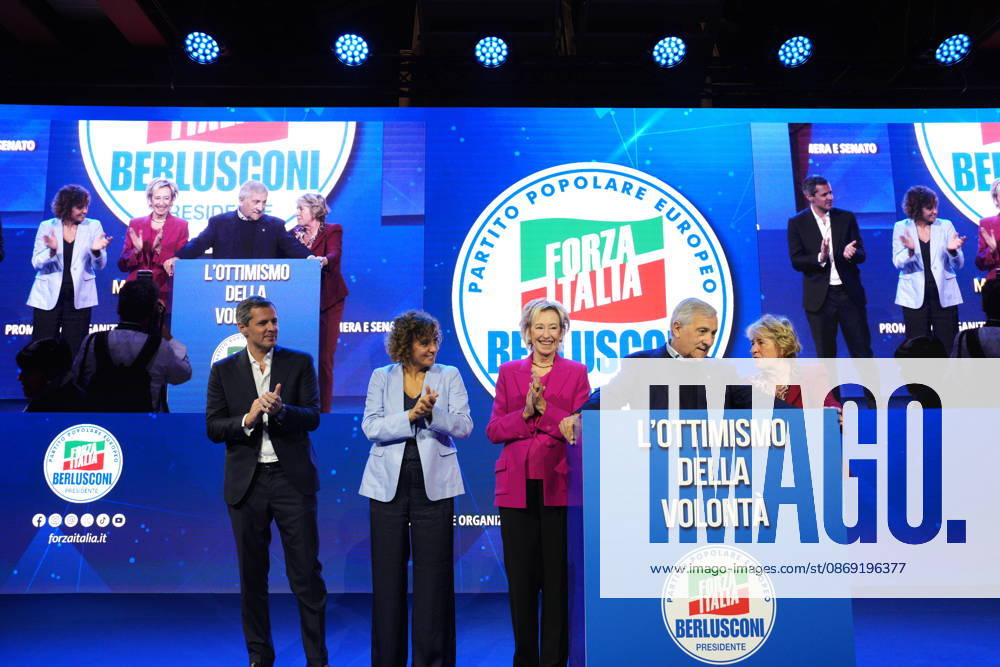IPA89549774 - Milan, October 11, 2026, Forza Italia Event: L ottimismo della Volontà at the East End Studios on Via Mecenate, featuring Dolors Monserrrat, Lettizia Moratti, Matteo Perego, Antonio Tajani, and Stefania Crazi