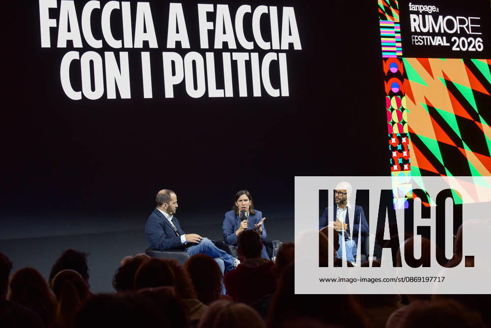 Political leaders Elly Schlein, Giuseppe Conte, Nicola Fratoianni, and Giovanni Donzelli take part in the panel Faccia a Faccia con i politici with Fanpage.it journalists during the Rumore Festival 2026 at Acquario Romano. - 11 Oct 2026 Fanpage.it Co-Director Adriano Biondi (L), Partito Democratico Secretary Elly Schlein (C), and Fanpage.it Director Francesco Cancellato (R) at an interview at the panel Faccia a Faccia con i politici during the Rumore Festival 2026 at Acquario Romano in Rome. Rome Italy