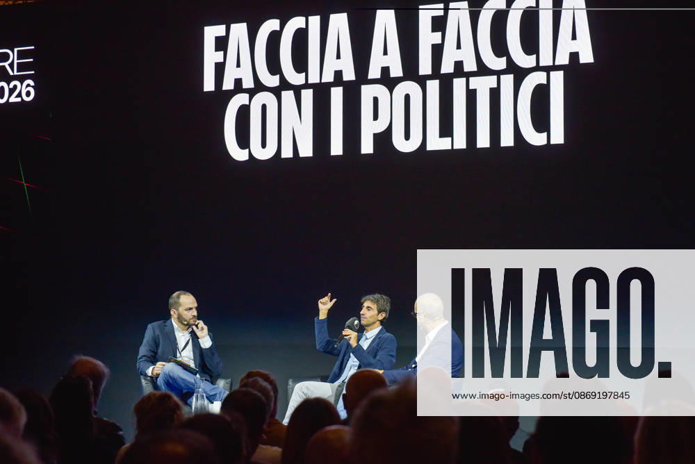 Fanpage.it Co-Director Adriano Biondi (L), Fratelli d Italia politician and MP Giovanni Donzelli (C), and Fanpage.it Director Francesco Cancellato (R) during an interview at the panel Faccia a Faccia con i politici during the Rumore Festival 2026 at Acquario Romano in Rome. Rome Italy - ZUMAs197 20261011_aaa_s197_039