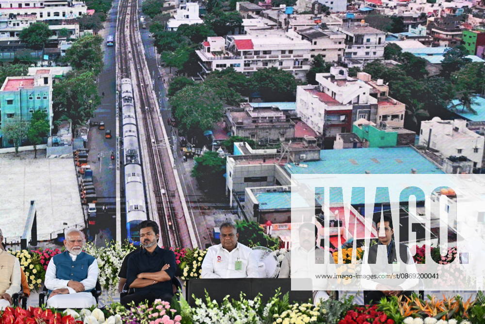 Indian Politics CHENNAI METRO PHASE-II INAUGURATION & JOINT RIDE CHENNAI, TAMIL NADU: Prime Minister Narendra Modi alongside Tamil Nadu Chief Minister C. Joseph Vijay waves to the gathering during the flagging-off ceremony of the Phase II network of the Chennai Metro Rail Project at the Porur Bypass Metro Rail Station on Sunday, October 11, 2026. PM Modi and CM Vijay subsequently undertook a joint metro ride from Porur Bypass Station to Poonamallee Bypass Station and back, marking the official opening of the ₹4,900-crore, 14.6-km Poonamallee Vadapalani elevated stretch. The high-profile event marked the first joint public appearance of the two leaders following Vijay s recent victory in the Tamil Nadu Assembly elections. Chennai INDIA