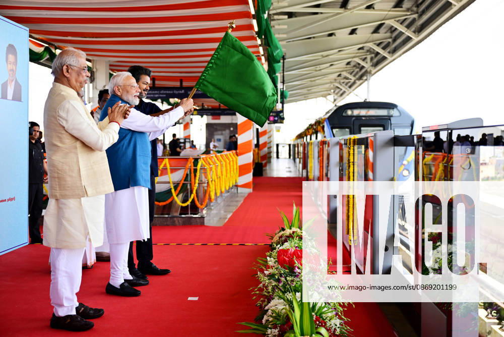 PM Modi inaugurates Poonamallee-Vadapalani stretch of Chennai Metro Phase-2 Chennai, Oct 11 (ANI): Prime Minister Narendra Modi and Tamil Nadu Chief Minister C. Joseph Vijay flag off the Poonamallee-Vadapalani stretch of Chennai Metro Phase-2, in Chennai on Sunday. Tamil Nadu Governor Rajendra Vishwanath Arlekar also present. (DPR PMO ANI Photo) Chennai Tamil Nadu India
