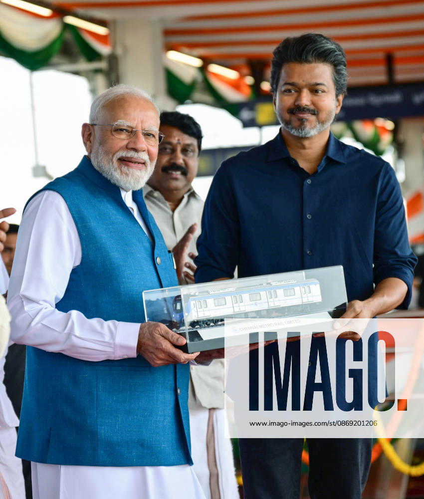 PM Modi presented the Chennai Metro Train Model by Tamil Nadu CM C. Joseph Vijay Chennai, Oct 11 (ANI): Prime Minister Narendra Modi being presented with a model of a Chennai Metro train by Tamil Nadu Chief Minister C. Joseph Vijay during its inauguration event, in Chennai on Sunday. (DPR PMO ANI Photo) Chennai Tamil Nadu India