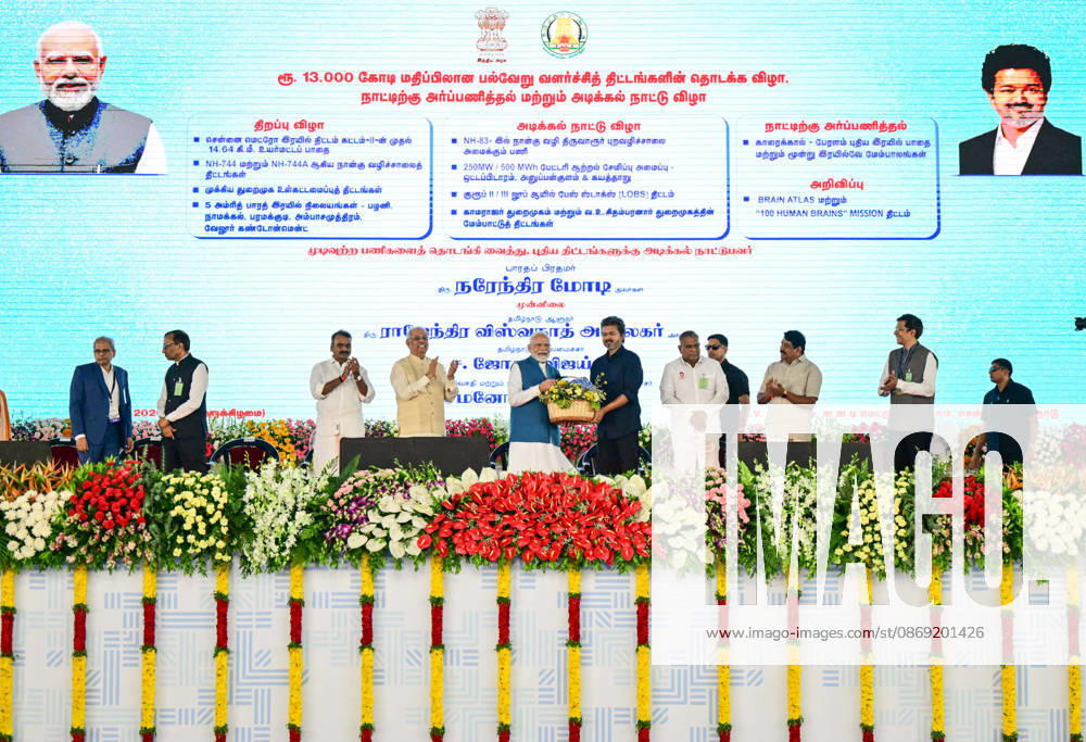 PM Modi lays the foundation stone of various projects in Chennai Chennai, Oct 11 (ANI): Prime Minister Narendra Modi with Tamil Nadu Chief Minister C. Joseph Vijay during the foundation stone-laying and inauguration ceremony of various projects, in Chennai on Sunday. Tamil Nadu Governor Rajendra Vishwanath Arlekar also present. (DPR PMO ANI Photo) Chennai Tamil Nadu India